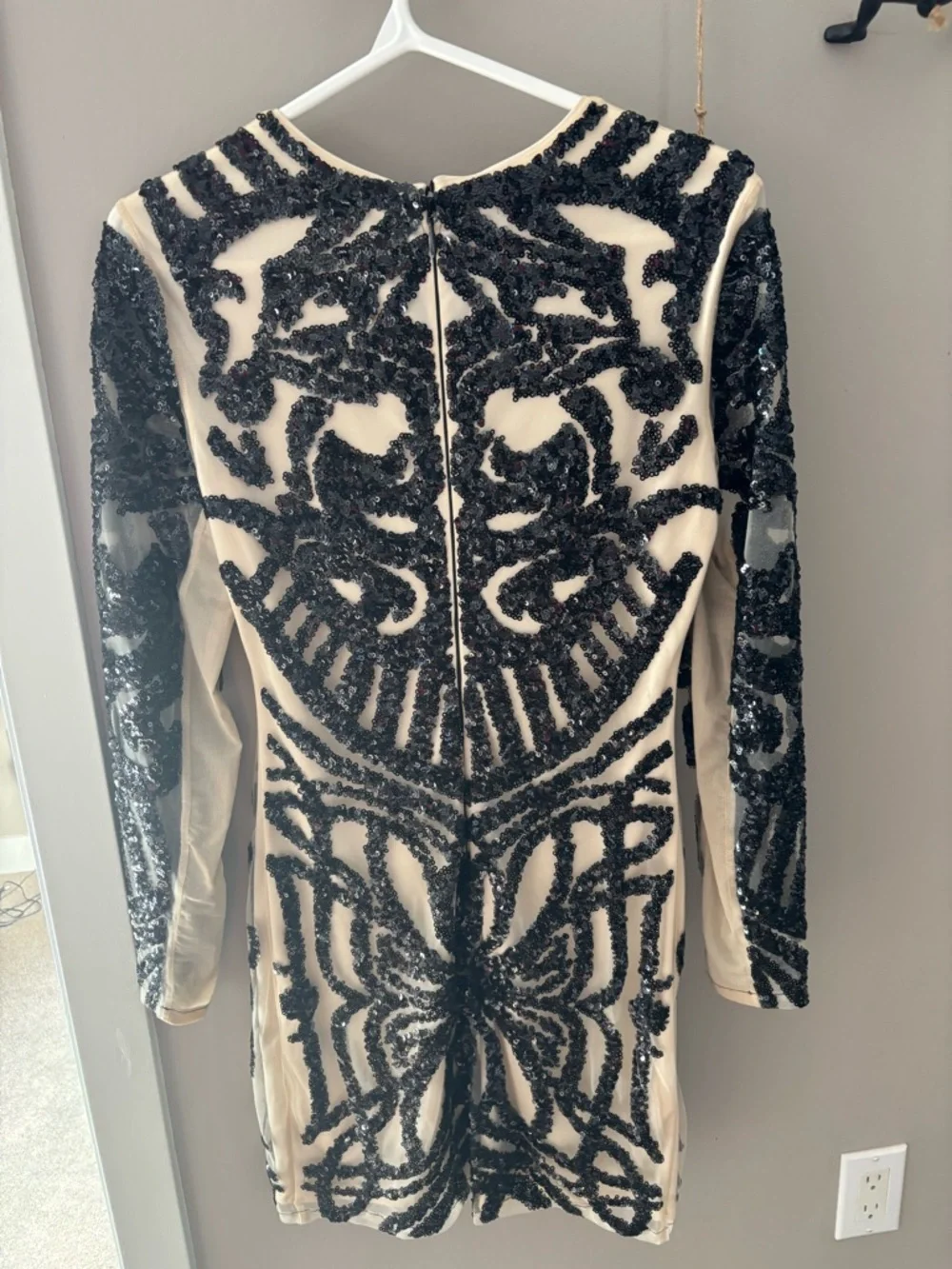 bebe Black and Ivory Sequin Mesh Long Sleeve Mini Dress - Picture 5 of 6